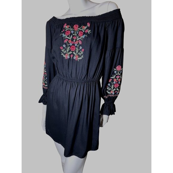 Hollister Medium Black Mini‎ Dress With Floral Embroidery & Elastic Waist Bell M - Picture 14 of 16